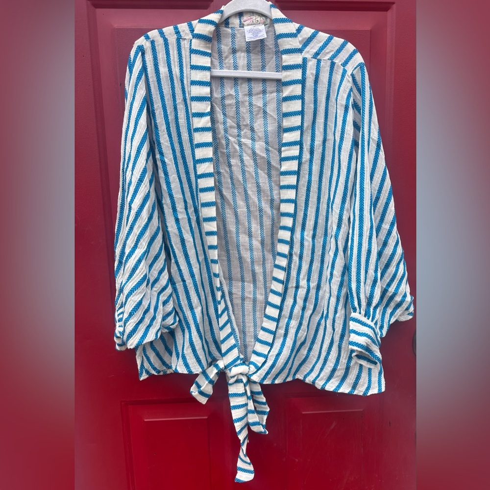 Free People Bow and Arrow Tie Front Kimono One Size Blue Cotton Blend